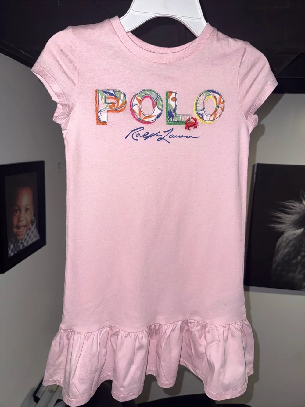 Ralph Lauren Light Pink Floral Logo Ruffle Hem Dress